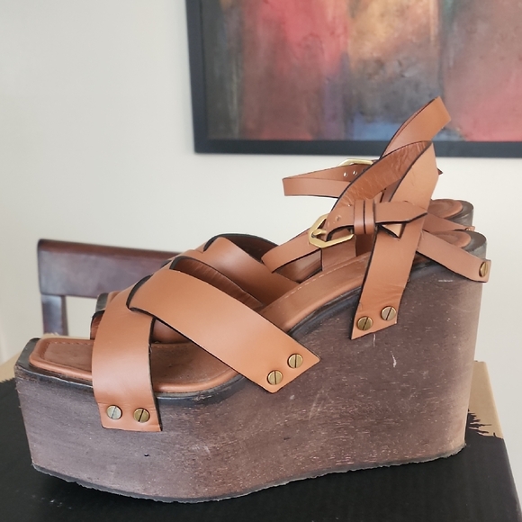 FRAME Denim Brown Leather Platform Sandals | 70s Boho Wedge | Size 40.5 - Picture 2 of 8
